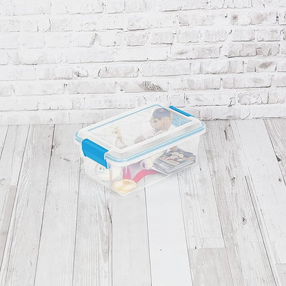 Sterilite 7.5 Qt Gasket Box, Stackable Storage Bin with Latching Lid and Tight Seal, Plastic Container to Organize Basement, Clear Base, Lid, 6-Pack