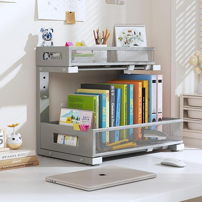 1 Pack-11.4"-16.14" H Under Sink Storage Organizer, Large 2-Tier Elegant Mesh Pull Out Shelf for Kitchen & Bathroom Cabinet Organization, L-Shaped, Adjustable Height-Gun Gray