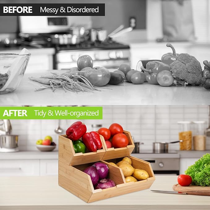 Bamboo Pantry Storage Bins, Stackable Potato and Onion Storage, Pantry Produce Organizer for Fruit and Vegetable