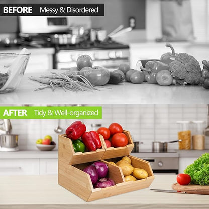 Bamboo Pantry Storage Bins, Stackable Potato and Onion Storage, Pantry Produce Organizer for Fruit and Vegetable