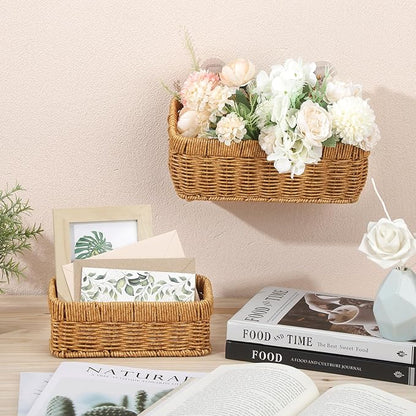 Tioncy 2 Pcs Woven Hanging Wall Baskets for Storage Boho Style Hanging Storage Plastic Woven Baskets with 4 Hooks for Kitchen Garden Living Room(Light Brown,Imitation Rattan Plastic)