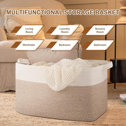 Extra Large Laundry Basket, 95L Blanket Basket for Living Room, Cotton Rope Toy Storage for Kids, Woven Baskets for Clothes, Towels, Pillows, 24" x 17" x 14", Brown and White