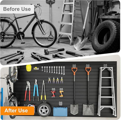 DoCred Slatwall Paneling Organizer, 4x7.5 FT PVC Garage Slat Wall Storage Systems, Heavy Duty Mounted Slat Peg Board for Tool Organization Ladder Bike Includes 27 PCS Hooks Accessories Kit (Black)