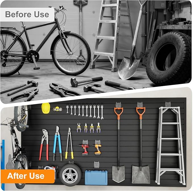 DoCred Slatwall Paneling Organizer, 4x7.5 FT PVC Garage Slat Wall Storage Systems, Heavy Duty Mounted Slat Peg Board for Tool Organization Ladder Bike Rack (Black)