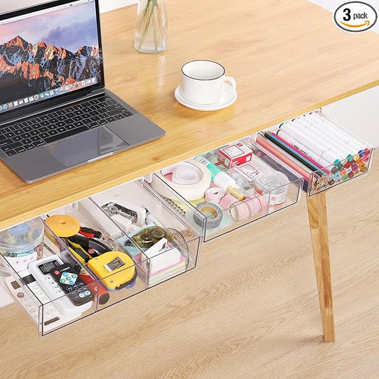 OTraki Under Desk Table Drawer Storage Organizer 3 Pack Large & Medium & Small Under Desk Storage Drawers Slide Out Self-Adhesive Amount Drawer Attach for Office, Home, School (S/M/L)