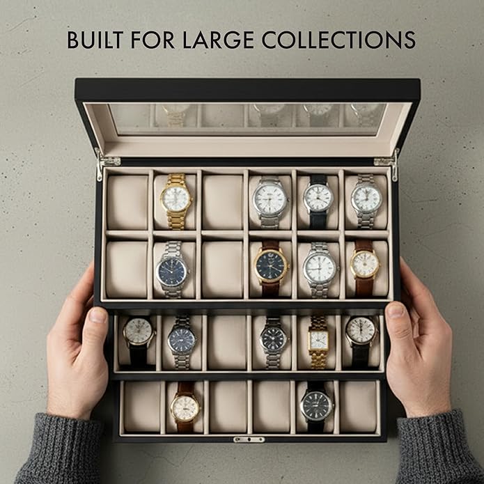 Bey-Berk Custom Personalized Watch Box Organizer - 36 Slot Luxury Solid Wood Designer Display, Large Watch Slots