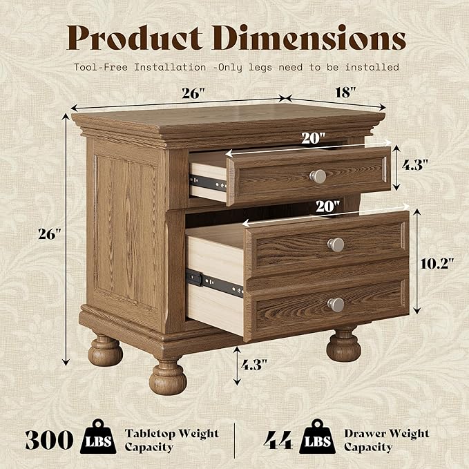 AMERLIFE Fully Assembled Nightstand, Solid Wood End Table with 2 Storage Drawers, 26" Extra Large Traditional Bedside Cabinet for Bedroom, Light Brown