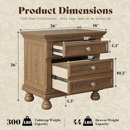 AMERLIFE Fully Assembled Nightstand, Solid Wood End Table with 2 Storage Drawers, 26" Extra Large Traditional Bedside Cabinet for Bedroom, Light Brown