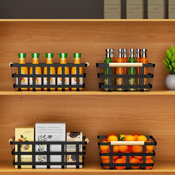 Large Wire Metal Baskets Storage Organizer Farmhouse Baskets Bin for Pantry Cabinets Rustic Kitchen Counter Closet,4 Pack