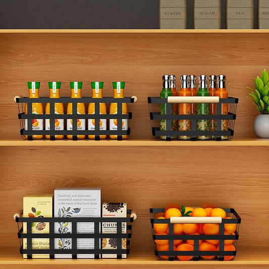 Large Wire Metal Baskets Storage Organizer Farmhouse Baskets Bin for Pantry Cabinets Rustic Kitchen Counter Closet,4 Pack
