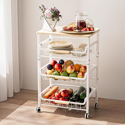 JAQ Fruit Vegetables Carts, 4-Tier Slide Out Metal Storage Basket Stand Rack Organizers with Wood Top and Handle with Rolling Wheels for Snack Veggie Produce in Kitchen Pantry Floor (White, 4 -Tier)