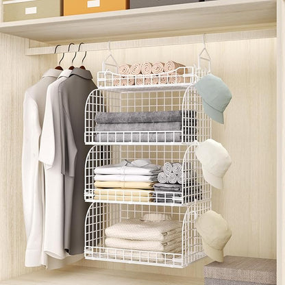 HapiRm Hanging Closet Organizer Storage - 3 Tier Metal Stackable Hanging Closet Shelves with Dividers and S Hooks, Foldable Clothes Shelves for Clothes, Pants, Shoes, Coat, Hats Clutches Accessories