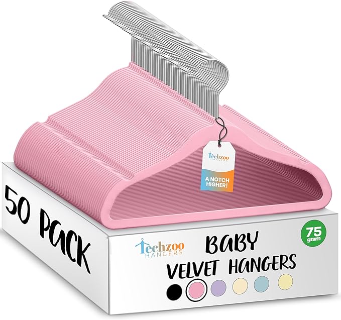 TechZoo 50 Premium Baby Velvet Hangers - 11.8 Inches Non-Slip & Ultra-Slim Baby Hangers for Space-Saving & Children Clothes - 360 Swivel Hook, Strong & Durable Infant & Toddler Clothes Hanger - Pink