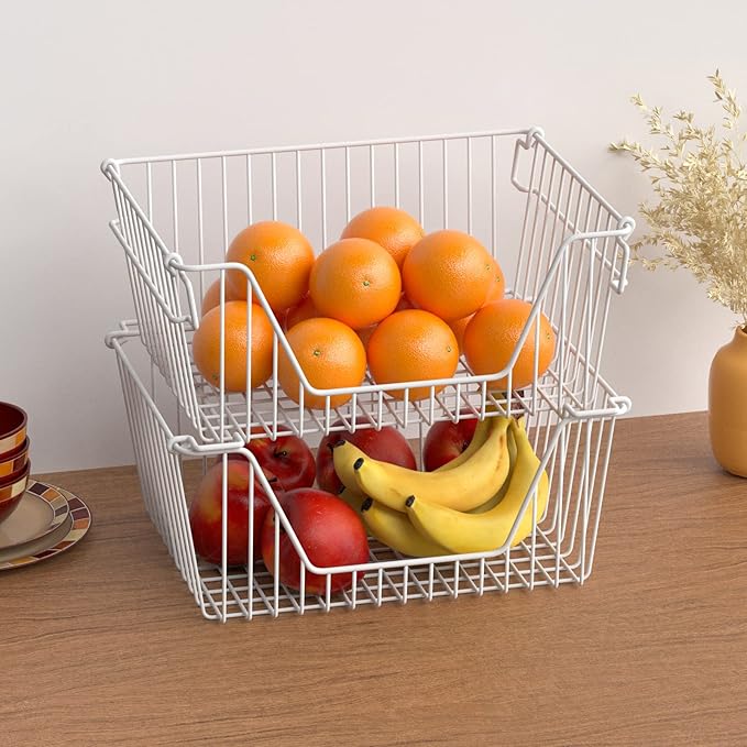 Stackable Wire Metal Baskets Large Capacity Kitchen Freezer Bins for Pantry Cabinet Fruit Vegetable Snacks Organization, White, Set of 4