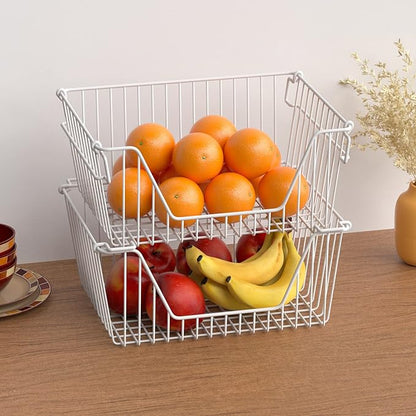 Stackable Wire Metal Baskets Large Capacity Kitchen Freezer Bins for Pantry Cabinet Fruit Vegetable Snacks Organization, White, Set of 4