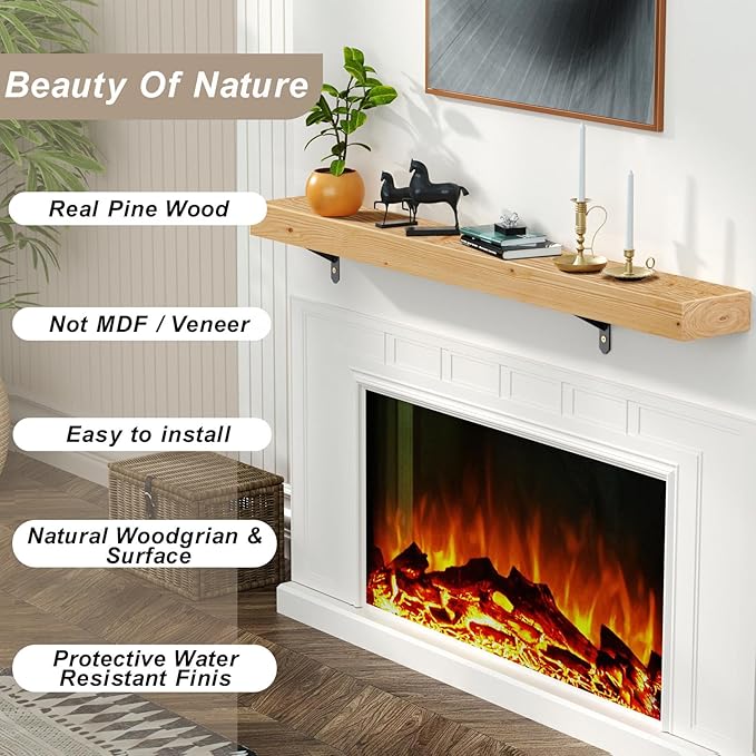 ROOMTEC Fireplace Mantel,60" Wood Fireplace Shelves with L-Shaped Bracket,Wall Mounted Wooden Shelving,Handcrafted Wood Brack,Mantels Over Fireplace, 60" x 8" x 3"-Clear Varnished Natural Wood