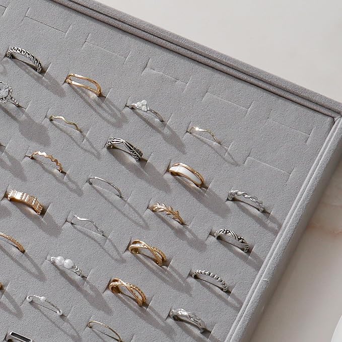 KATISYIO Large Velvet Jewelry Tray 2 Pack Stackable Jewelry Display Drawer Inserts Trays Organizer for Earring Bracelet Necklace Ring (Gray, Ring 81 Slots)