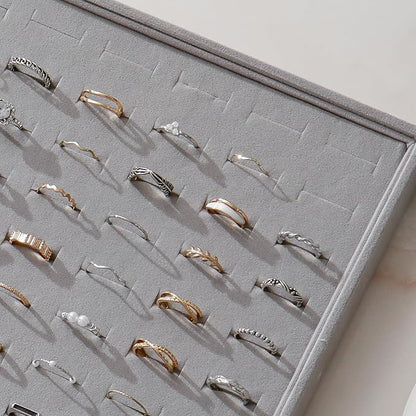 KATISYIO Large Velvet Jewelry Tray 2 Pack Stackable Jewelry Display Drawer Inserts Trays Organizer for Earring Bracelet Necklace Ring (Gray, Ring 81 Slots)