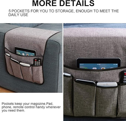 Sixyotie Sofa Armrest Organizer,Non-Slip Remote Control Holders for Recliner Couch,Chair Armchair Caddy with 5 Pockets for Table,Cell Phone,Ipad,Magazines,Books (13x35In, Lightgrey)
