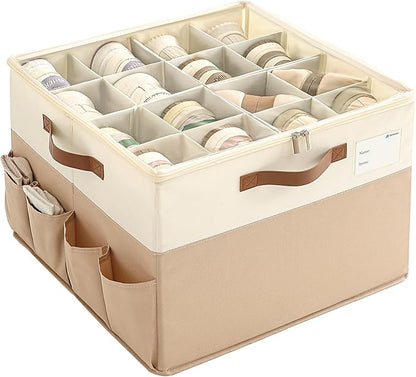 Varhomax Shoe Organizer Box for Closet, Fabric Shoe Storage Bin with Adjustable Dividers & Clear Cover, Holds up 16-32 Pairs of Sneakers & Sandals for Entryway, Cubby