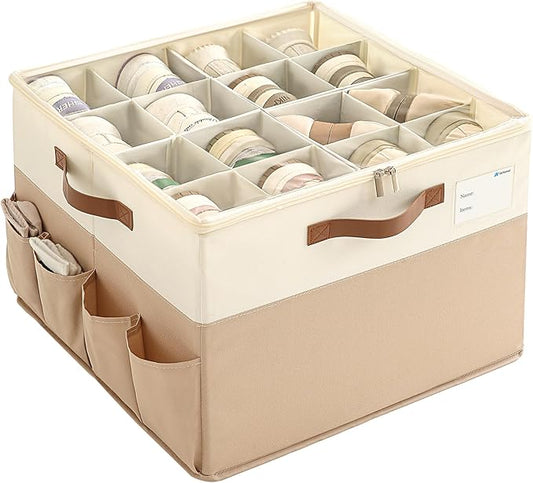 Varhomax Shoe Organizer Box for Closet, Fabric Shoe Storage Bin with Adjustable Dividers & Clear Cover, Holds up 16-32 Pairs of Sneakers & Sandals for Entryway, Cubby