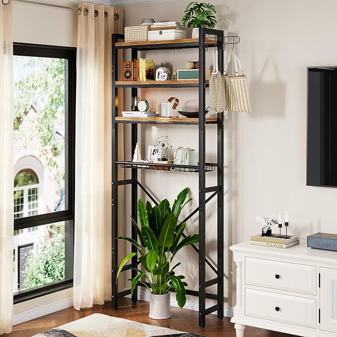 Insdiy Over-The-Toilet Storage Rack, 4 Tier Bathroom Shelf Organizer Over Toilet with Adjustable Shelves, Basket, Hooks, Paper Holder, Quick Interlock Install & Water-Resistant Shelves (Vintage Brown)