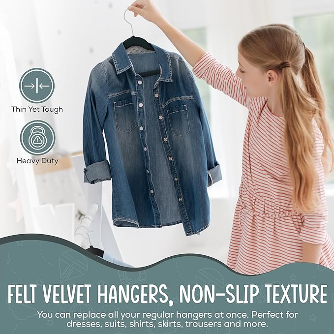 TechZoo 50 Premium Kids Velvet Hangers - 14" Non-Slip Clothes Hangers for Kids & Preteens - Ultra Slim, Space-Saving, Strong & Durable Hangers with 360° Swivel Hook - Black