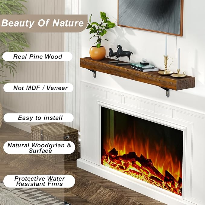 ROOMTEC Fireplace Mantel, Wood Fireplace Shelves with L-Shaped Brackets,Wall Mounted Wooden Shelving,Handcrafted Wood Brack,Mantels Over Fireplace, 48" x 8" x 3"-Dark Chocolate