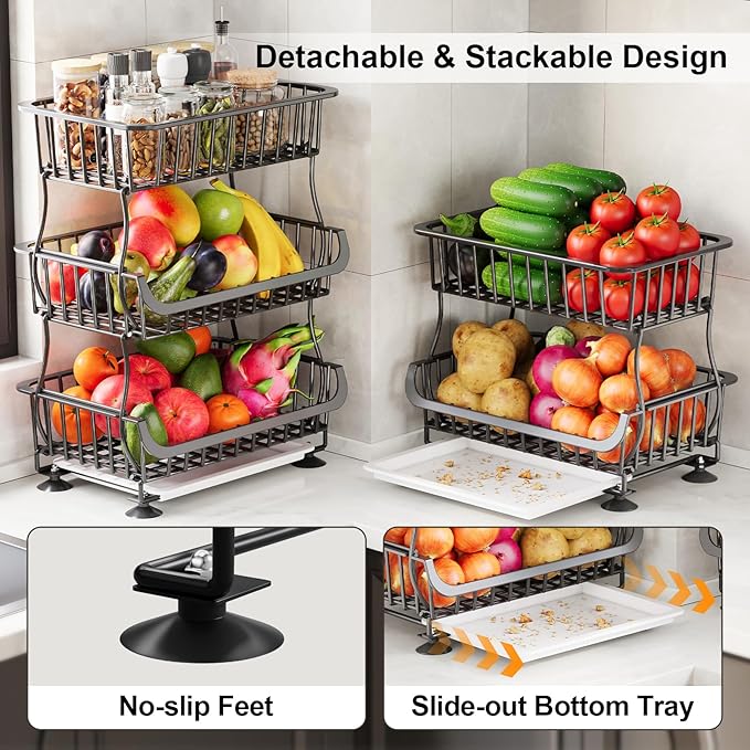 3 Tier Rolling Pantry Floor Organizers and Storage Cart with Wheels, Stackable Wire Fruit Basket Stand for Kitchen Organization, Three Tiered Pantry Storage Rack for Snack, Vegetable, Produce, Fruits
