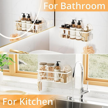 KEGII Shower Caddy Suction Cup with Hooks, Large Capacity Shower Suction Shelf, Heavy Duty Bathroom Organizer, No Drilling Stainless Steel Shampoo Holder for Bathroom Storage, Cream White