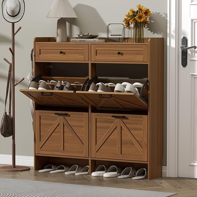 Shoe Cabinet with 4 Flip Drawers & 2 Storage Drawers, Rustic Farmhouse Narrow Shoe Organizer Cabinet, Slim Shoe Rack Cabinet, Shoe Storage Cabinet for Entryway, Hallway, Front Door
