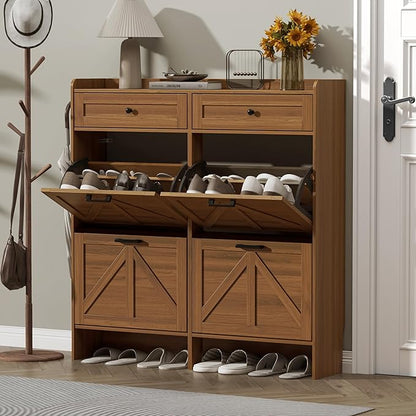 Shoe Cabinet with 4 Flip Drawers & 2 Storage Drawers, Rustic Farmhouse Narrow Shoe Organizer Cabinet, Slim Shoe Rack Cabinet, Shoe Storage Cabinet for Entryway, Hallway, Front Door