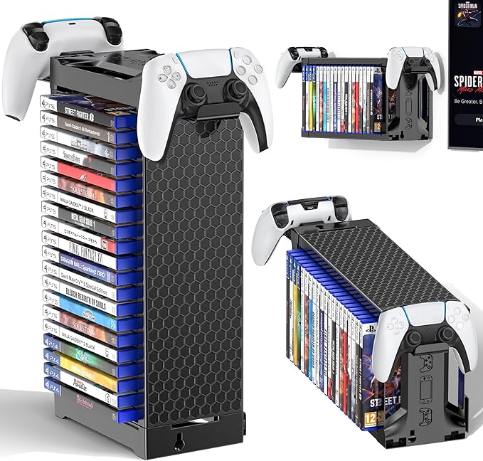 Video Game Storage Tower Holder with Controller Stand, Wall Mount Game Organizers and Storage for Nintendo Switch 2/ PS5/4/ XboxOne/Series, Vertical & Horizontal Stand for 20 Gaming Discs Accessories