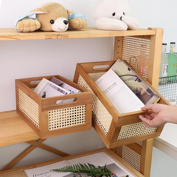 Desktop Storage Basket, Office Drawer Storage Box, Wood Frame Storage Basket with Built-In Handles for Kitchen Pantry, Cabinet, Office, Bedroom, Rustic Country Decor (Brown-Set2)