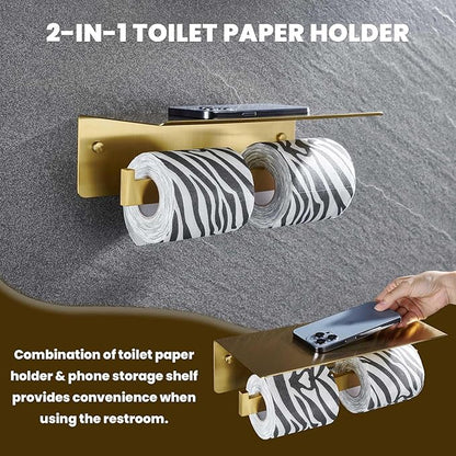 Suyar Toilet Paper Holder Brushed Gold, SUS 304 Stainless Steel Bathroom Double Toilet Paper Roll Holder with Shelf, Wall Mounted