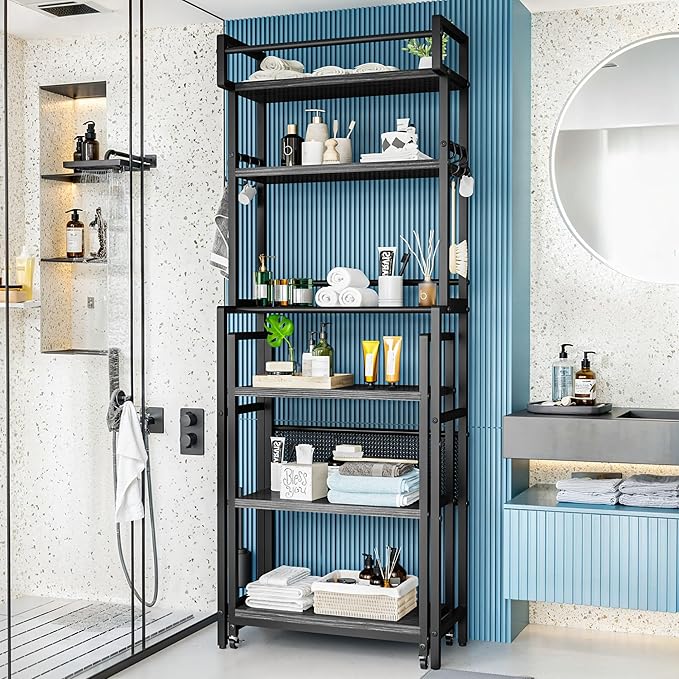 Recaceik 6-Tier Over The Toilet Storage Shelf with Cart, Freestanding Above Toilet Shelf Rack, Farmhouse Bathroom Organizer Shelves, Space Saver (Black)