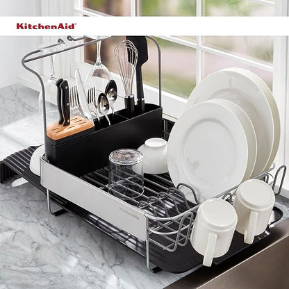 KitchenAid Compact to Full Size Expandable, Rust Resistant Satin Coated Dish Rack with Angled Self Draining Drain Board and Removable Flatware Caddy, 24-Inch, Charcoal