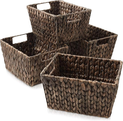 Casafield Set of 4 Water Hyacinth Storage Baskets with Handles - Espresso, Woven Rectangular Storage Bins for Shelves, Blankets, Laundry Organization