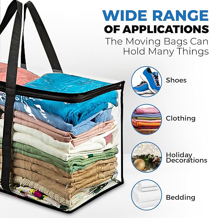 VitalUp 2 Pack Clear Large Moving Bags, Heavy Duty Storage Bags, College Totes, Storage Bins, for Organizing Blankets, Clothing for College, Dorm, Packing, Durable with Zipper and Handle 25x14x12