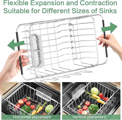 Small Dish Drying Rack in Sink, Extendable Stainless Steel Dish Drainers for Kitchen Counter, Anti-Rust Dish Dryer Rack with Utensil & Cup Holders, for Inside Sink, Over The Sink(for 1-2 People)
