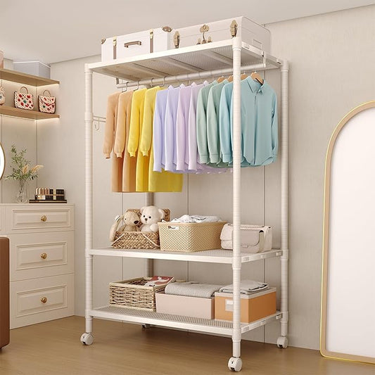 Clothes Rack with Wheels Heavy-Duty, 3-Tier Rolling Garment Rack with Adjustable Shelves & Side Hooks, Freestanding Wardrobe Metal Clothing Rack for Bedroom Cloakroom, 70.2"H x 45.4"W x 17.8"D