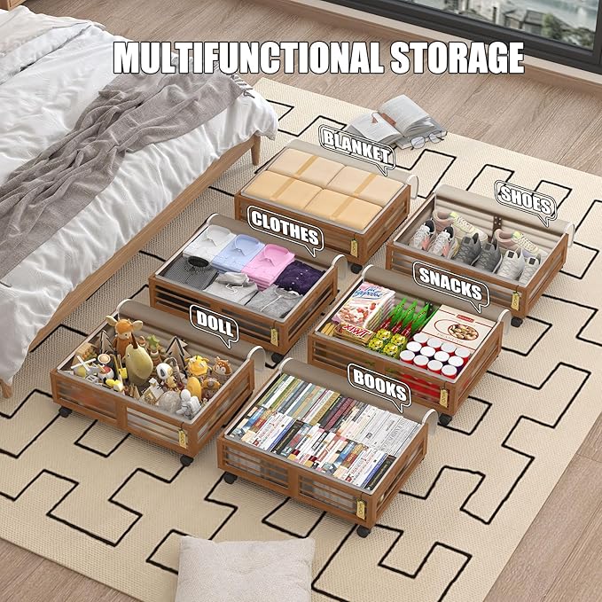 Bamboonova Bamboo Underbed Storage Containers with Wheels & Bag 2 Pack, Large Under Bed Rolling Storage Bins Wood Under Bed Clothes Storage Stackable Drawers for Bedroom Closet Under Crib Toy(Walnut)