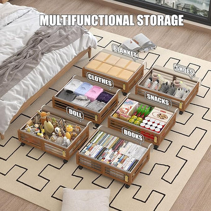 Bamboonova Bamboo Underbed Storage Containers with Wheels & Bag 2 Pack, Large Under Bed Rolling Storage Bins Wood Under Bed Clothes Storage Stackable Drawers for Bedroom Closet Under Crib Toy(Walnut)