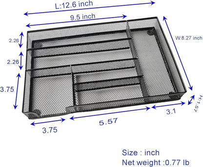 Desk Drawer Organizer Metal Mesh Drawer Organizer Tray for Office School or Home Supplies Desktop Storage Stationery, 6 Compartments, 12.6 x 8.27 x 1.57 inch，Black (2pc pack)