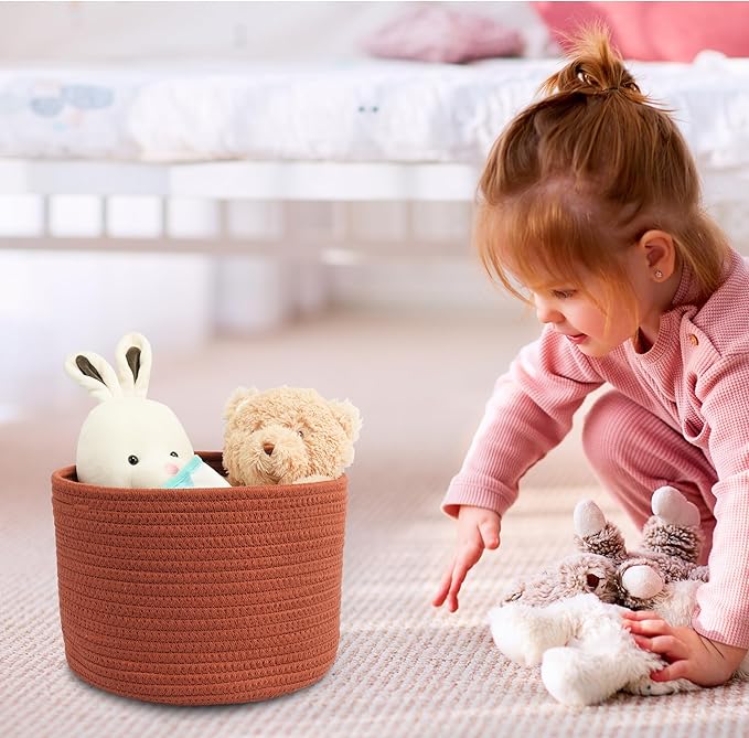 Woven Cotton Storage Baskets - 3-Pack Round Bins (10x10x7'') for Shelves, Closets & Bookcases | Durable Rope Organizers for Nursery, Baby, Toys, Easter & More (rustic)