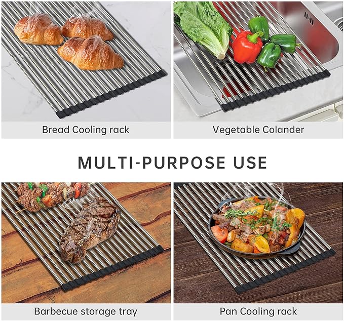 CHIRISEN Expandable Large Roll Up Dish Drying Rack, Foldable Over The Sink Dish Drying Rack, Rolling Dish Drainer Stainless Steel Roll Rack for Kitchen Sink Counter (Black, 21.25x12.79)