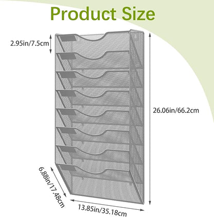 EasyPAG 8 Pocket Mesh Wall File Organizer, Hanging Paper Folder Holder with Classify Label, Vertical Wall Mount Mail Organizer for Office Home Classroom, Silver