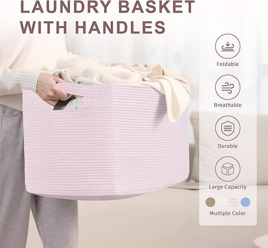 86L Large Baby Girls Laundry Basket for Nursery Storage,Cute Woven cotton Rope Baskets for Kids Toy，Gifts, Boho Square Wicker Blanket hamper for Living Room,Bedroom Dirty Clothes,Pink