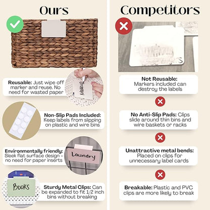 Hygge & Sage: Metal Non-Slip Basket Labels Clip On for Storage Bins, or Wire Racks | Includes 8 Labels, 8 Non-Slip Pads, and 1 Free Marker (Cream)