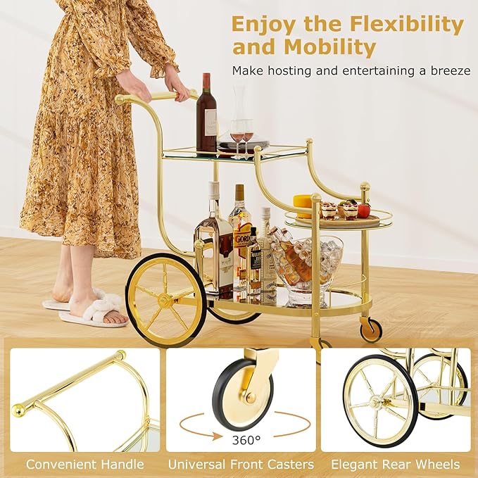 DORTALA Rolling Serving Cart, 3-Tier Metal Bar Cart with Tempered Glass, 4 Wheels Tea Serving Bar Cart for Livingroom, Kitchen, Gold
